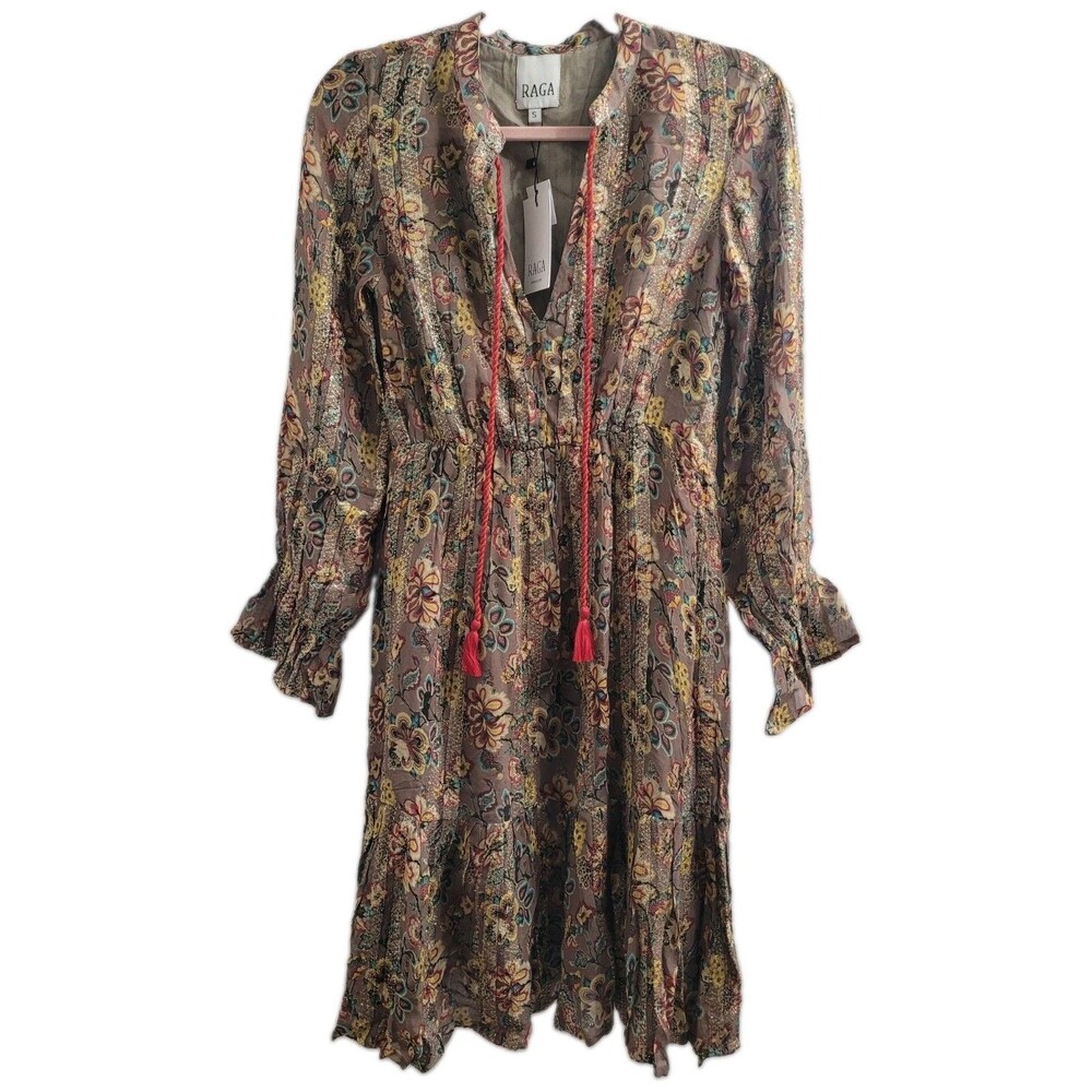 NWT Raga Anthropologie Anaka Dress S Metallic Floral Tassel Boho Mini L/S